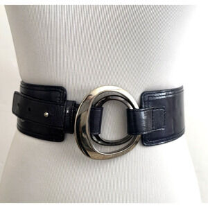 Per Se Belt M Blue Patent Leather Silver-Tone Metal Buckle 2.25" Wide USA
